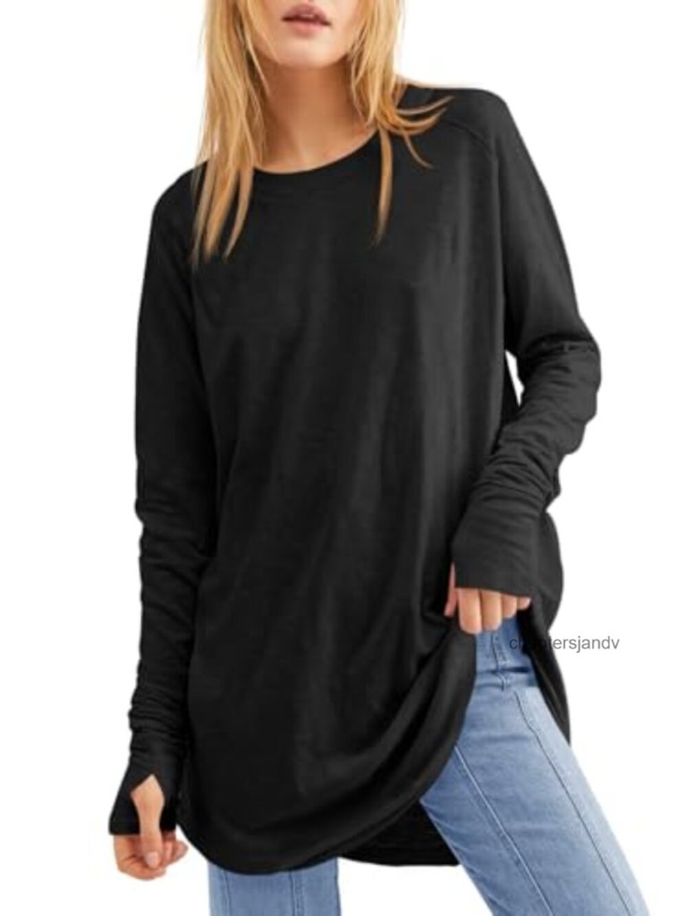 Womens Long Sleeve Tunic Top with Thumb Holes Loose Fit Crew Neck